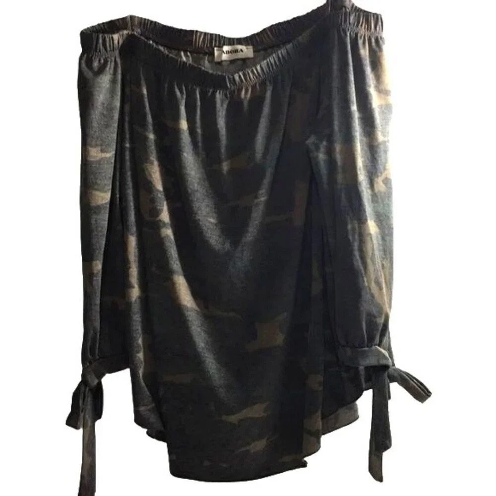 Adora Womens Crop Top Camo Gray/Green/Tan Off Shoulders With Straps Round Hem Ti
